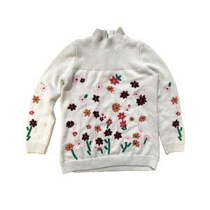 Talbots Sweater Womens Large White Mock Neck Colorful Floral Embroidered Cottage